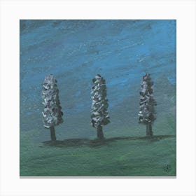 Three Trees - hand painted landscape square blue green plant Canvas Print