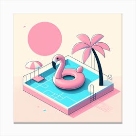 Flamingo Float: A Cheerful and Cute Illustration of a Pool with a Pink Flamingo Float Canvas Print