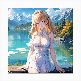 A Serene Girl, Surrounded By Mountains, Admiring The Beauty Of Nature By The Lakeside Canvas Print