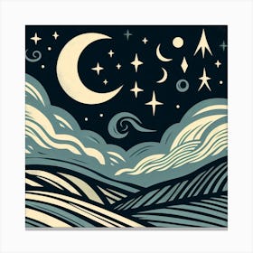 Linocut, Scandinavian Style, Night Sky with Crescent Moon Canvas Print