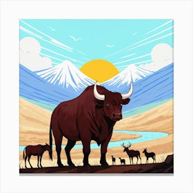 Bulls And Deer 2 Canvas Print