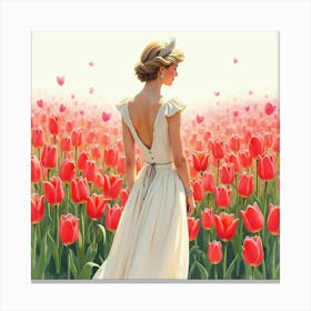 Watercolor Princess Diana Amidst An Enchanting Field Of Tulips 1 Canvas Print