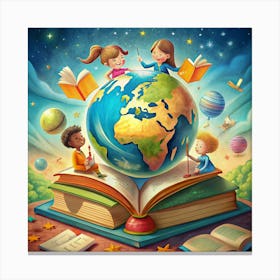 Children Reading Books Around A Globe Canvas Print