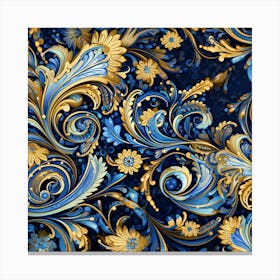 Gold And Blue Floral Pattern Canvas Print