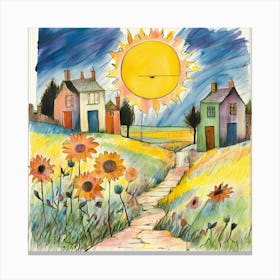 Crayon Drawn Landscape Featuring A Sun Smiling In The Corner Oversized Flowers With Irregular Petal 417913799 Canvas Print