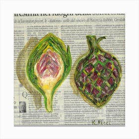 Artichokes On Newspaper Vegetables Kitchen Minimal Food Deco Painting Canvas Print