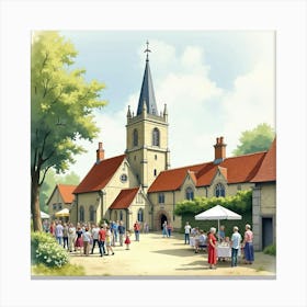 A Watercolor Of A Traditional English Village Churchyard, With People Attending A Community Event 1 Canvas Print