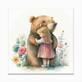 Little Girl Hugging A Bear Canvas Print