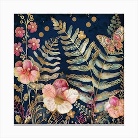 Ferns And Pink Flowers Canvas Print