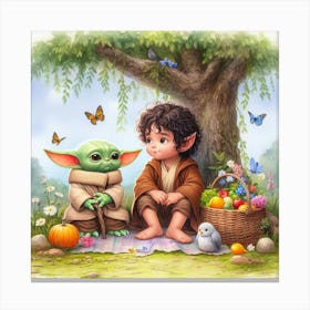 Din Grogu Baby Yoda And Frodo Having A Picnic Star Wars Lord Of The Rings Art Print Canvas Print
