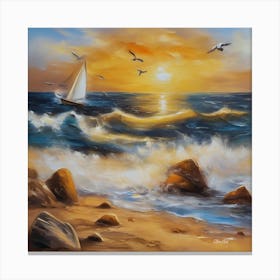 Oil painting design on canvas. Sandy beach rocks. Waves. Sailboat. Seagulls. The sun before sunset.16 Canvas Print