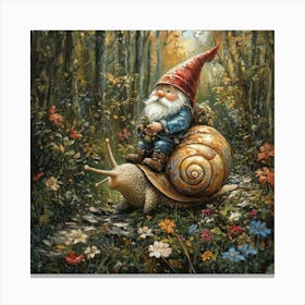 Gnome On A Snail Art Canvas Print