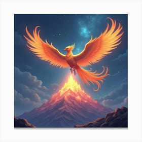 Mystical Phoenix Flying Above A Glowing Crystal Mountain Canvas Print