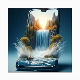 A smartphone whose screen displays a miniature view of a waterfall. 7 Canvas Print