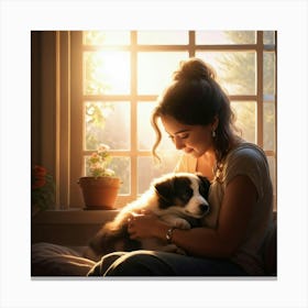 A Newborn Puppy Cuddling In The Arms Of A Content Woman Warm Sunlight Filtering Through A Nearby W Canvas Print