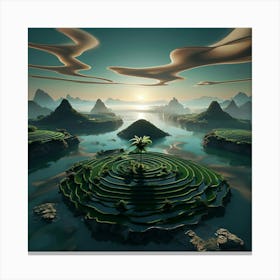 Surreal 3d Fantasy Landscape With Terraced Rice Fields At Sunrise Canvas Print