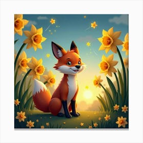 A Playful Fox Surrounded By Giant Daffodils And Dancing Fireflies Under A Twilight Sky Canvas Print