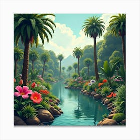 Lush Gardens Along The Nile With Exotic Plants And Vibrant Flowers 1 Canvas Print