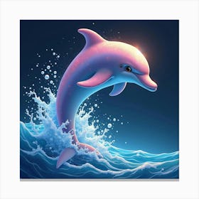 A Dolphin With Shimmering, Rainbow Colored Skin, Leaping Through Glowing Waves Canvas Print