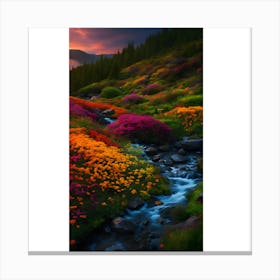 Mountain Stream With Colorful Flowers Canvas Print