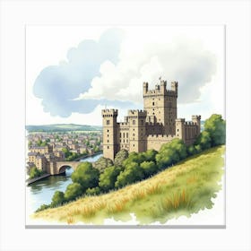 Watercolor Of The Durham Castle, Capturing Its Historic Towers And Scenic Views Over The City Canvas Print