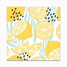 Lemon Pattern On White With Florals Square Canvas Print