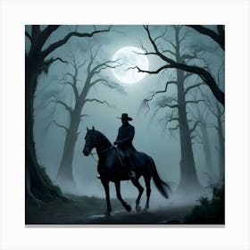 A Solitary Horseman Rides A Majestic Black Stallion Through A Misty, Moonlit Forrest 1 Canvas Print