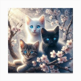 Three Kittens In Cherry Blossoms Canvas Print