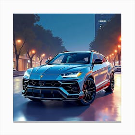 Lamborghini Urus With A Watercolor Urban Night Scene 1 Canvas Print