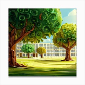 School Building With Trees Canvas Print