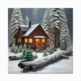 Small wooden hut inside a dense forest of pine trees with falling snow Canvas Print