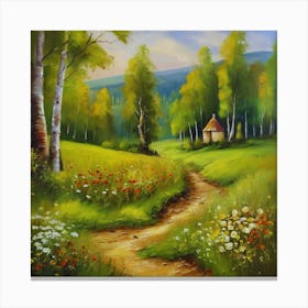 Painting.Canada's forests. Dirt path. Spring flowers. Forest trees. Artwork. Oil on canvas.3 Canvas Print