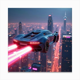 Sleek Futuristic Car With Glowing Trails, Soaring Above Neon Lit Skyscrapers 1 Canvas Print