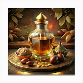 A Wooden Tray With A Bottle Of Oil, Nuts, And Other Decor Canvas Print