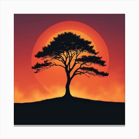 Silhouette Of A Tree At Sunset,A Minimalist Line Drawing Of A Lone Tree Silhouetted Against A Fiery Sunset Canvas Print