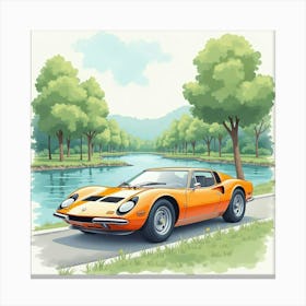 Sleek Car By A Peaceful River, Watercolor Painting 1 Canvas Print