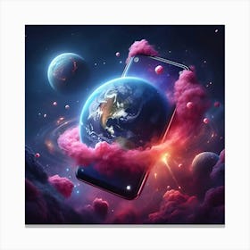 A Photo Realistic Mobile Phone As A Planet In Space With Pink Smoke And Explosions, With 2 Moons In The Background, Digital Art 4 Canvas Print