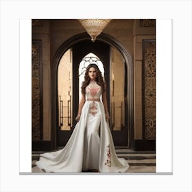 1. Woman 2. Dress 3. Red embroidery 4. Grand entrance hall 5. Confidence 6. Elegance. .woman standing in a grand entrance hall, wearing a white gown with red embroidery on the sleeves. She is posing confidently and elegantly, showcasing the beauty and craftsmanship of her attire. Canvas Print
