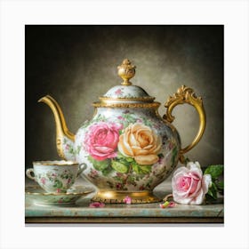 A very finely detailed Victorian style teapot with flowers, plants and roses in the center with a tea cup 9 Canvas Print