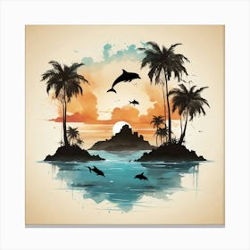 Boho art silhouette of an island with dolphins 1 Canvas Print