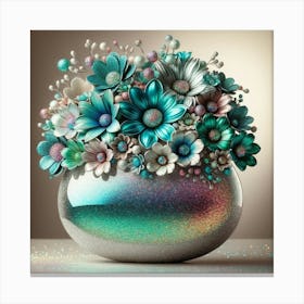 Shiny Teal Vase Of Flowers Canvas Print