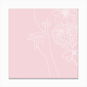 Pink Minimal Line Art Girl With Flowers Canvas Print