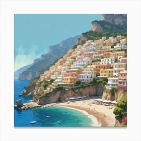 Positano, Amalfi Coast, Italy - Retro Landscape Beach and Coastal Theme Travel Poster Art Print Canvas Print