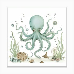 Storybook Style Octopus On The Ocean Floor With Aqua Marine Plants 4 Canvas Print