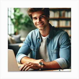 Young Man Working On Laptop 2 Canvas Print