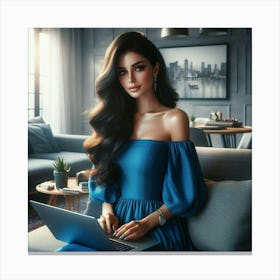 Beautiful Woman Using Laptop In Living Room 1 Canvas Print