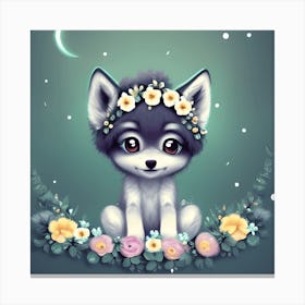 Cute Baby Wolf With Flower Crown Canvas Print