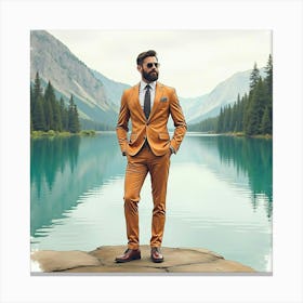 Fashionable Man In Watercolor Suit, Dreamy Lakeside Scene 1 Canvas Print