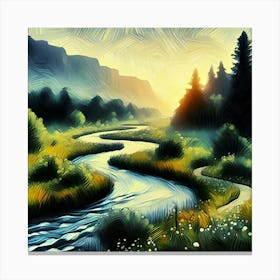 An Impressionist Illustration Depicts A River Winding Through A Meadow Featuring A Thick Black Outline Canvas Print