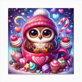 Cute Owl With A Hat In A Cup Surrounded By Sweets Canvas Print